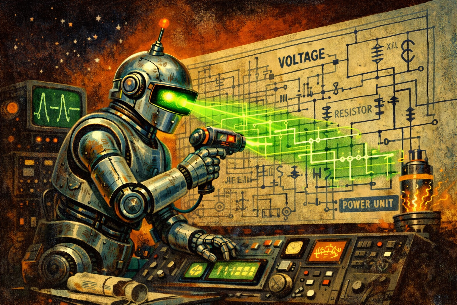 Retro sci-fi robot scanning an electrical diagram